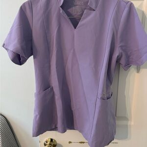 Figs Purple Fitted Mandarin Collar Short Sleeve Blouse